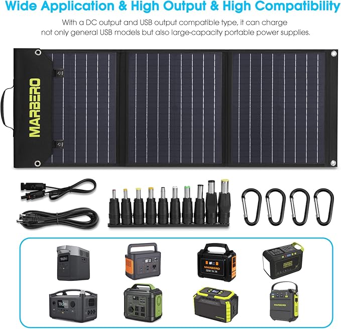 MARBERO 60W Portable Solar Panel 60 Watt Foldable Solar Panel for Solar Generators IP65 Waterproof 23% High Efficiency USB Port & DC Output(10 Changeable Adapters) for Outdoor Camping Travel Cloudy
