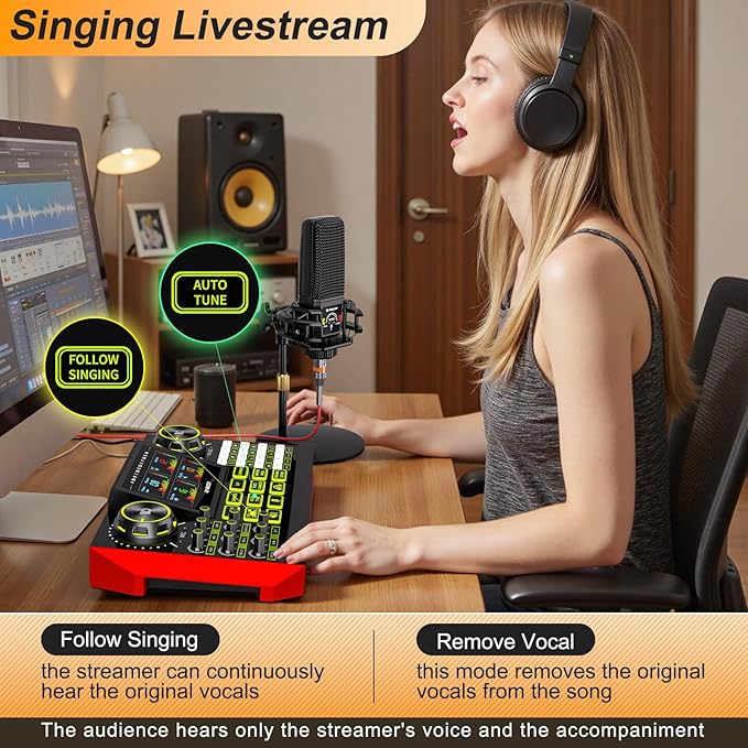Podcast equipment bundle with live sound card audio mixer, podcast equipment with 3.5mm microphone, soundboard for phone, computer, live streaming, singing, recording, and content creation.