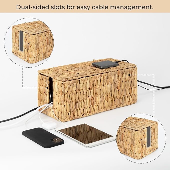 StorageWorks Large Cable Management Box, 2 Slots Wicker Cable Organizer to Hide Cords and Power Strip, Water Hyacinth Cord Hider Box for Home & Office