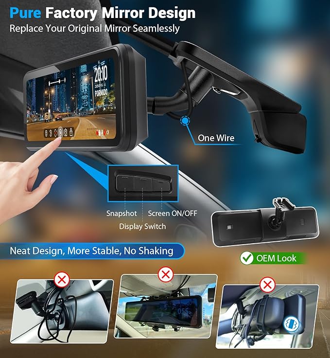 PORMIDO OEM Rear View Mirror Camera with Auto-Brightness, 11" Mirror Dash Cam with 2K Ultra-Bright Touchscreen, Detached Front Backup Rearview Zoom Built-in GPS Night Vision 64GB Card Parking Monitor