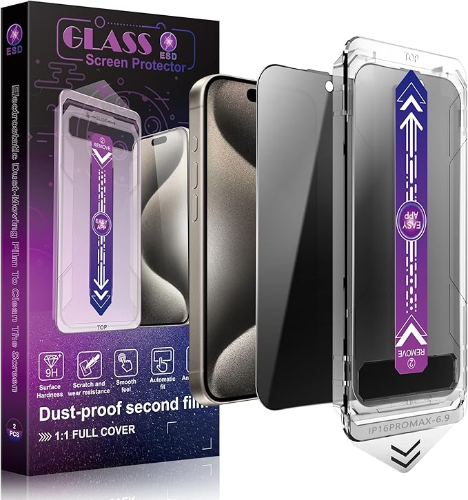 2 Pack Privacy Screen Protector for iPhone 16 Pro Max 6.9-Inch Auto Dust Removal, No Bubbles,Anti-Spy Tempered Glass Film, Easy Installation