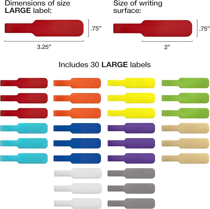 Cable Labels - Wrap-It Storage - Large, Multi-Color (30-Pack) - Colorful Labels for Basement and Office Organizing