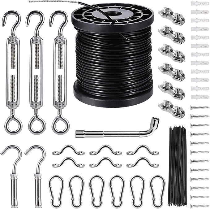String Lights Hanging Kit,Globe String Lights Suspension Kit,Outdoor Light Guide Wire,Includ 164 FT Nylon-Coated Stainless Steel Wire Rope Cable,Turnbuckle and Hooks,Enough Accessories,Use Manual