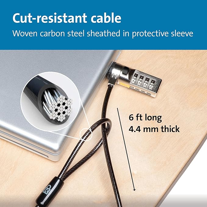 Kensington Combination Cable T-Bar Standard Lock Slot for Laptops, Resettable 4 digit password with 6 Foot Cable, K64673AM