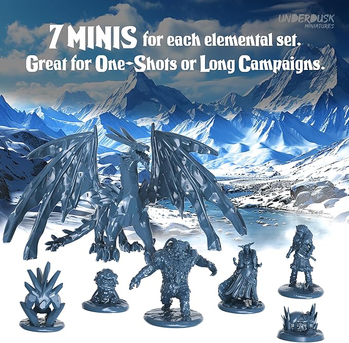 Underdusk: Elemental Encounters - 35 Unpainted Tabletop Miniatures for D&D, Pathfinder & RPGs | Includes Fire, Ice, Water, Air, and Earth Elements with Stat Blocks