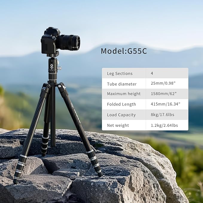 Carbon Fiber Camera Tripod, 62" Professional Video Tripod for Camera with 360° Ball Head, 1/4" Arca QR Plate, Compact Lightweight Travel Monopod for DSLR/Smartphone, Max Load 17.6 lbs/8kg