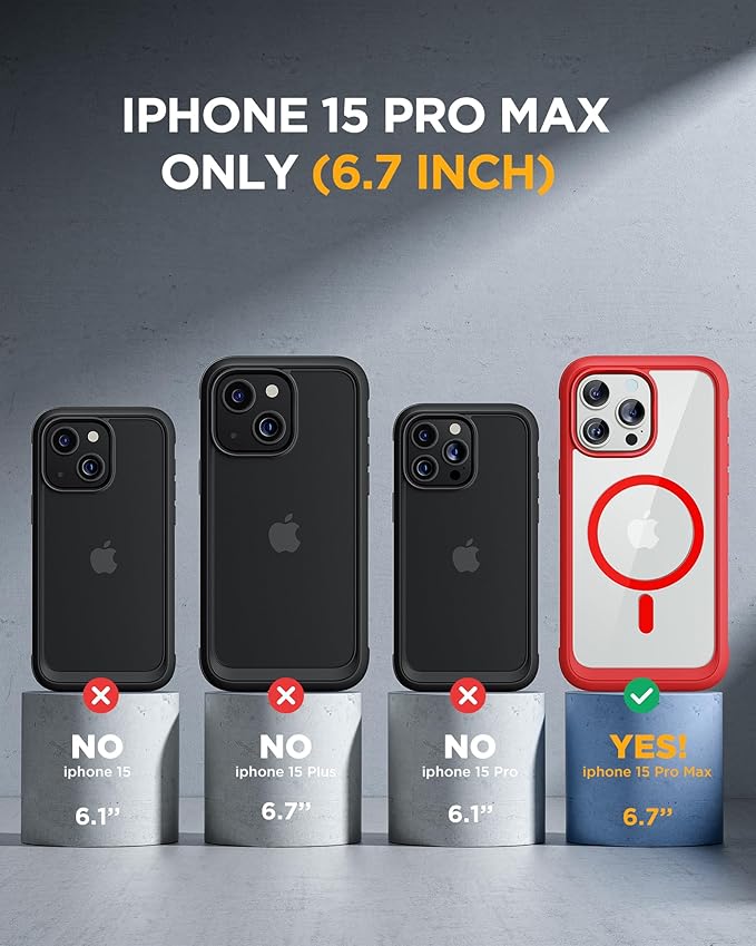 Miracase Magnetic for iPhone 15 Pro Max Case 6.7'' [Compatible with Magsafe] Full-Body Military Drop Proof for iPhone 15 ProMax Case with Built-in 9H Tempered Glass Screen Protector,Red