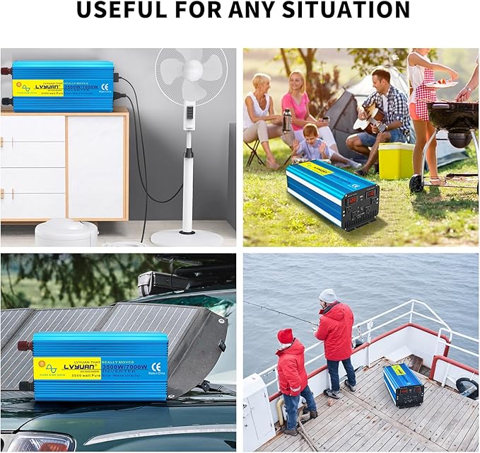 Yinleader 3500 Watt Pure Sine Wave Power Inverter 12V DC to 110V/120V AC Converter for Family RV Camping Boat Emergency/4 AC Outlets and LCD Display, Remote Controller