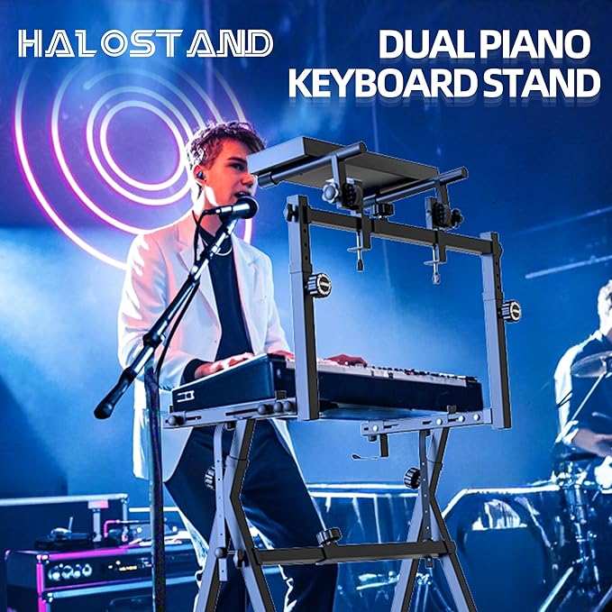 Dual Piano Keyboard Stand with 2nd Tier - Z Style Adjustable and Portable 2 Tier Heavy Duty Music Stand for Synths and Electric Digital Keyboards - Fits 54 61 88 Key Pianos