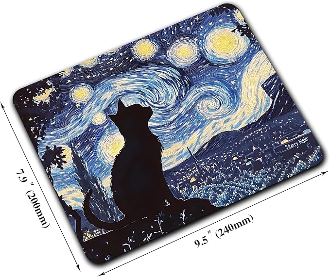 Starry Night Black Cat Custom Mouse Pad with Non-Slip Rubber, Small Square Design for Wireless Laptop & Computer Mouse Pads for Desk, 9.5 x 7.9 inch Smooth Surface for Gaming & Office