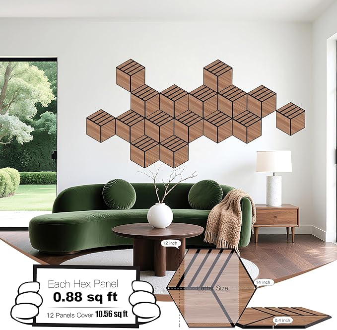 Mollywell Hexagon Acoustic Panels, Walnut S4, 14x12x0.4 Inch, 12 Pack |Wood Veneer|High Density Sound Proofing Wall Panels|Self Adhesive Sound Dampening Felt Wall Tiles|Home Theater|Gaming Room|