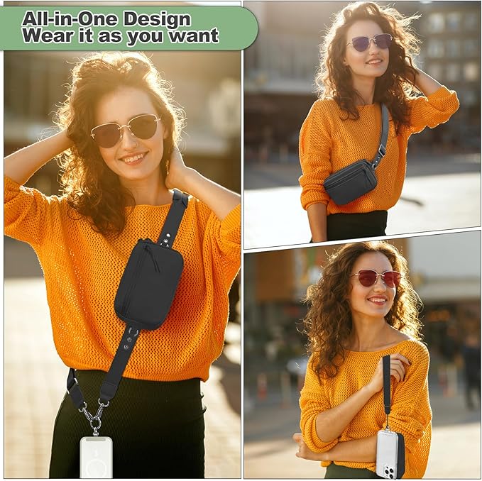 Clip and Go Strap for Phone with Wallet Crossbody, Adjustable Phone Lanyard with Detachable RFID Wristlet Wallet, Universal Phone Strap with 360° Rotatable Phone Tabs for All Phones (Black)