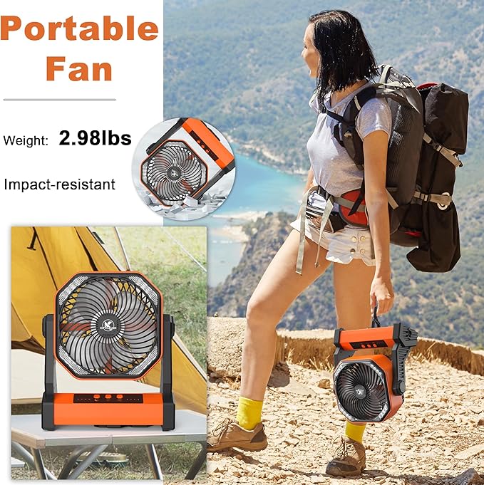 KITWLEMEN 20000mAh Battery Powered Camping Fan - 58H Max Cooling, Rechargeable Battery Operated Desk Fan with 4 Speeds, Bright Light & Hanging Hook, Portable for Tent Outdoor Hurricane Power Outage