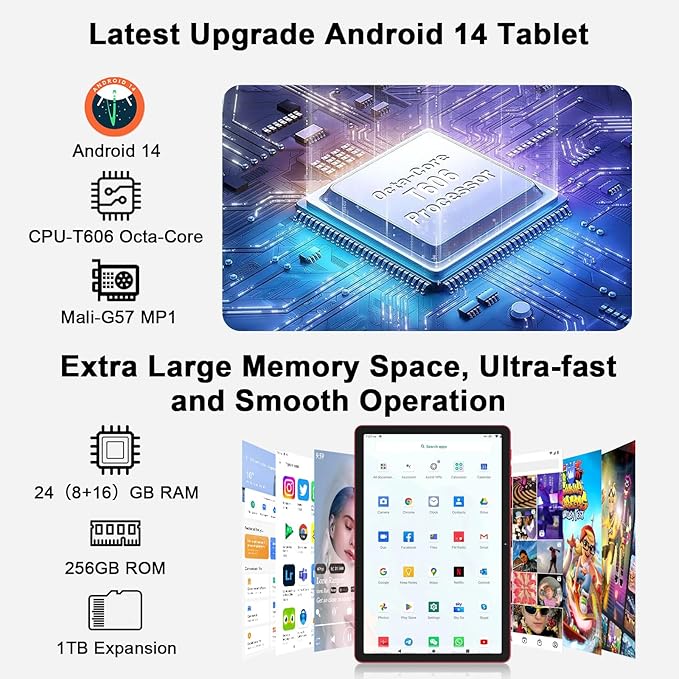 Android 14 Tablet 11 Inch Tablets, 24GB RAM 256GB ROM(1TB Expand), Octa-Core Tablets with 8000 mAh Battery, 5G WiFi, Bluetooth 5.0, Android Tablet 5MP+13MP Dual Camera, IPS Touch Screen, GPS Tab-Red