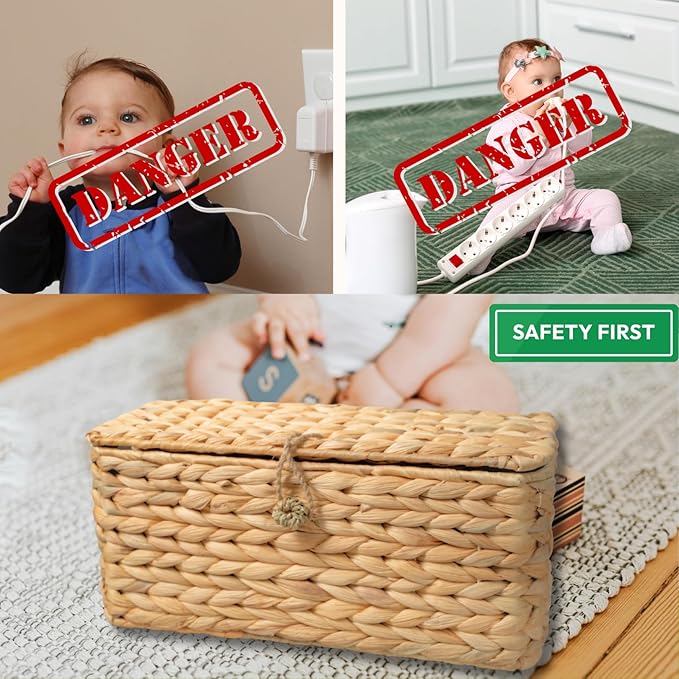 Wicker Cable Management Box with Lid, A Handwoven Water Hyacinth Cords Hider Box for TV, Computer, Router, USB Hub to Hide Cords & Power Strip for Desk, Floor, Office 12.8x5.5x5.5