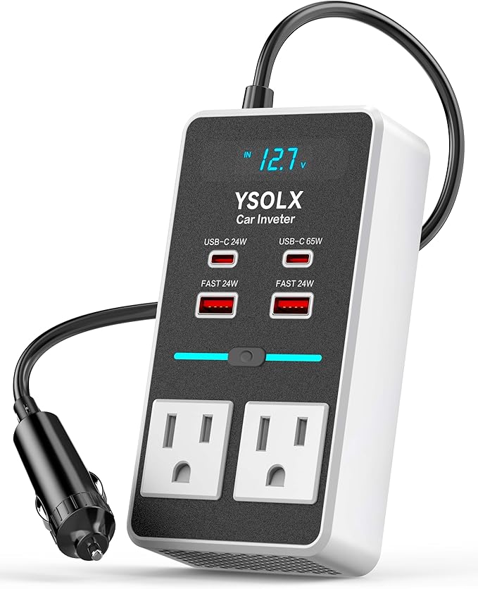 YSOLX 300W 12V to 110V Car Power Inverter, with Dual USB-A 24W and USB-C 65W, Dual AC Car Plug Adapter Outlet and Equipped with a Display Screen.Suitable for car Trips, Camping,Charging laptops