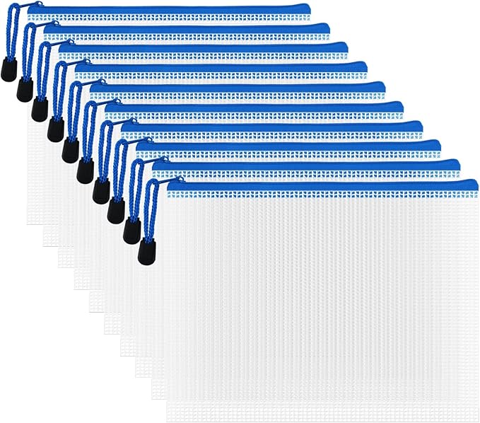 AUSTARK 10 Pcs Zipper File Bags, Waterproof Plastic Mesh Pouch for Office School, Board Game Storage Bags (A5 Size 9.2''x6.7'', White and Blue)
