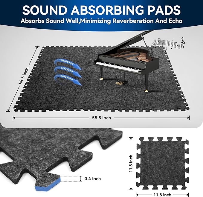 20 Pcs Sound Absorbing Interlocking Floor Mats Pads, 11" x 11" x 0.4"sound absorbing rug, Non-Slip Anti Vibration Sound Proof Puzzle Felt Padding, High Density Piano Carpet Drum Rug for Music Studio