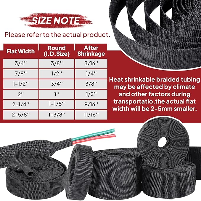 Heat Shrink Wire Loom 2:1 Shrinkable Braided Cable Sleeve 2 Inch ID-18ft Abrasion Protection Flexibility Fabric Wiring Harness Cover Sheath