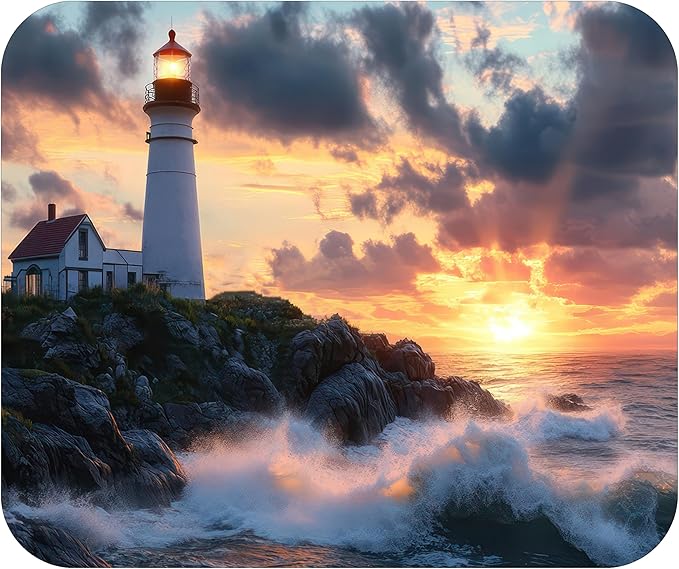 Coastal Shoreline Waves Sandy Beach Theme Mouse Pad Mat Mousepad for Desk Computer Laptop PC Gaming Home or Office Gift (Lighthouse Sunset MP33)