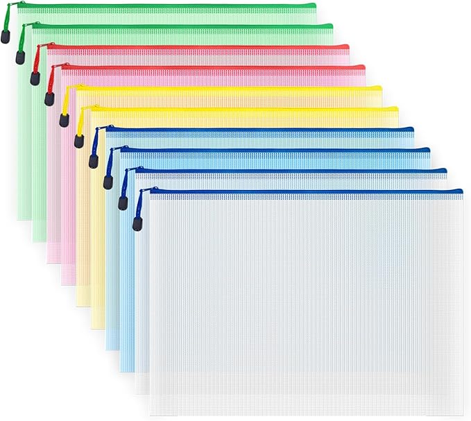 AUSTARK 10 Pcs Zipper File Bags, Waterproof Plastic Mesh Pouch for Office School, Board Game Storage Bags (A3 Size 16.9''x12'', Multicolored)