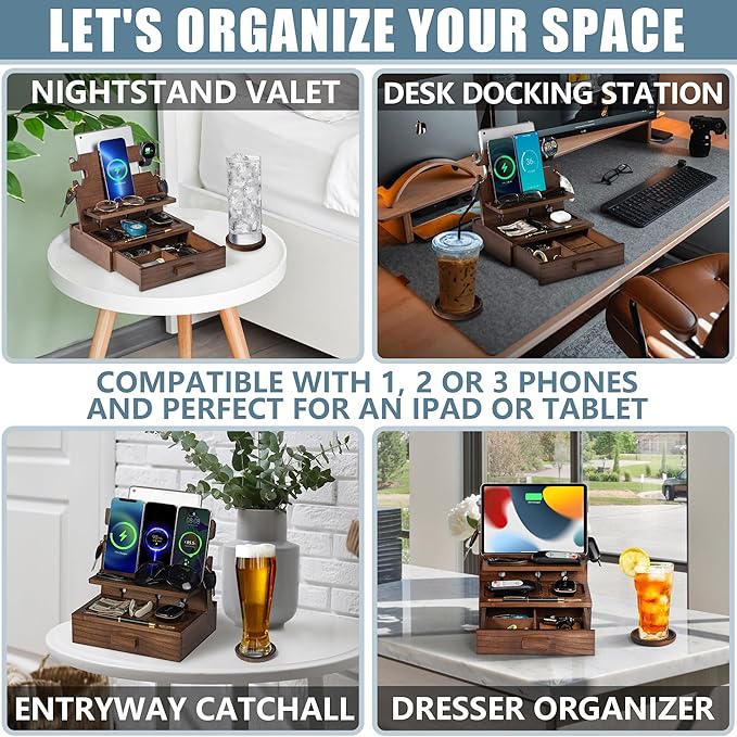 Wood Phone Docking Station for up to 3 Phones, Samsung Galaxy Watch Compatible Nightstand Organizer with Drawer for Valuables for Men & Women, Holds Phones, Tablets, Keys, Rings, Glasses, Watches, EDC