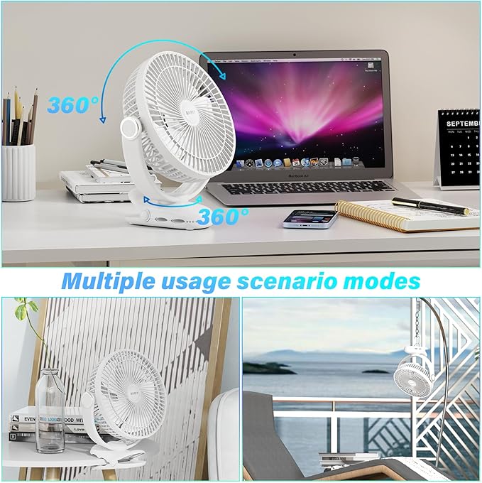 12000mAh Clip on Fan 30H Longest Runtime, 8in Portable Fan Rechargeable, Ultra Quiet with Heavy-Duty Clamp, USB Desk Fans for Golf Cart,Office Desk, Treadmill, Camping, Bedroom
