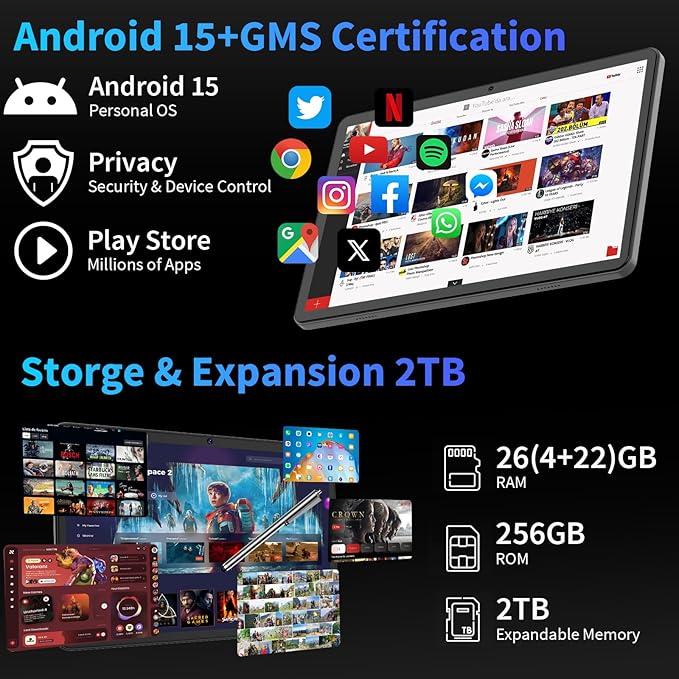 Android 15 Tablet with Keyboard, 26GB+256GB(2TB Expand), 10.1 Inch Tablet 8000 mAh Battery, BT 5.0, 5G WiFi, Widevine L1, Dual Camera, 2 in 1 Tab with Mouse, Case, Stylus（Silver）