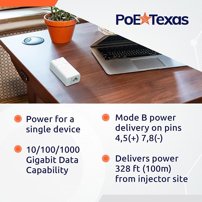 Poe Texas PoE Injector - Single Port Power Over Ethernet Passive PoE Adapter - 10/100/1000 Gigabit Data with Integrated 48V 15W Power Supply - Plug & Play Home Office, Tablets, VoIP Phone, WiFi AP