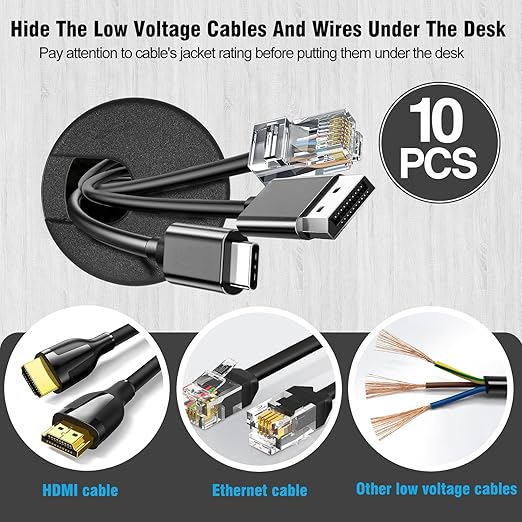 2" Black Desk Grommet, JTemgle Plastic Cable Hole Cover Computer Table Cord Wire Organizer Caps Desktop Cord Management for Home Office TV Stands Tabletops, 10 Pieces