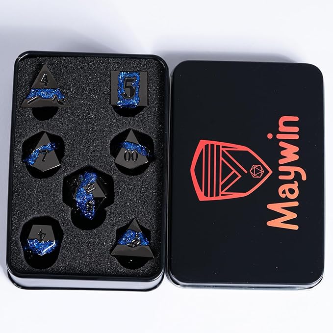 D&D Dice Set Metal,Large Striped Glitter Dice Set.RPG Polyhedral Dice 7pcs Set(Antique Nickel Dark Blue)
