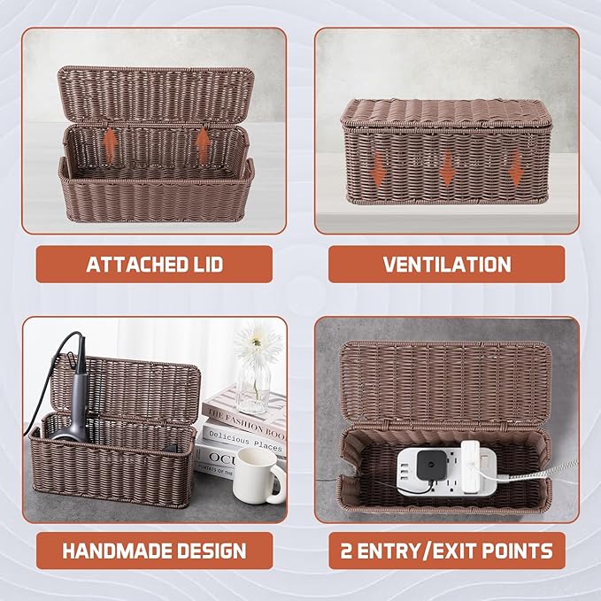 Cable Management Box, Handmade Rattan Cable Organizer, 2 Open Slots Cords Hider Box, Under Desk Cord Organizer for Computer Router USB Hub & Power Strip, Patent Pending, 13" x 5.1" x 5.1", Brown