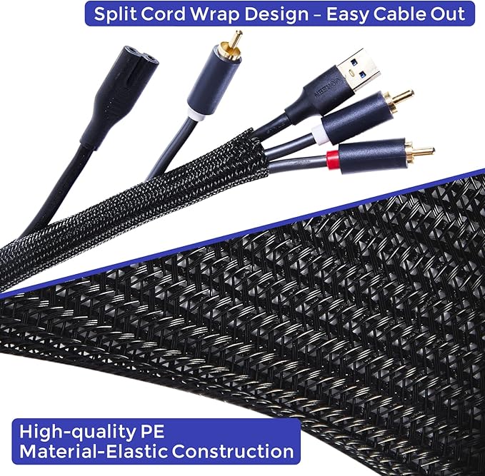 Cable Management Sleeves 1in - 2 Pack 4.1ft Split Braided Cable Sleeve Black, Hard PE Cord Protectors from Pets, Wire Organizers for Cords, Flexible Cord Wrap Wire Sleeve for Computer Cord Organizer