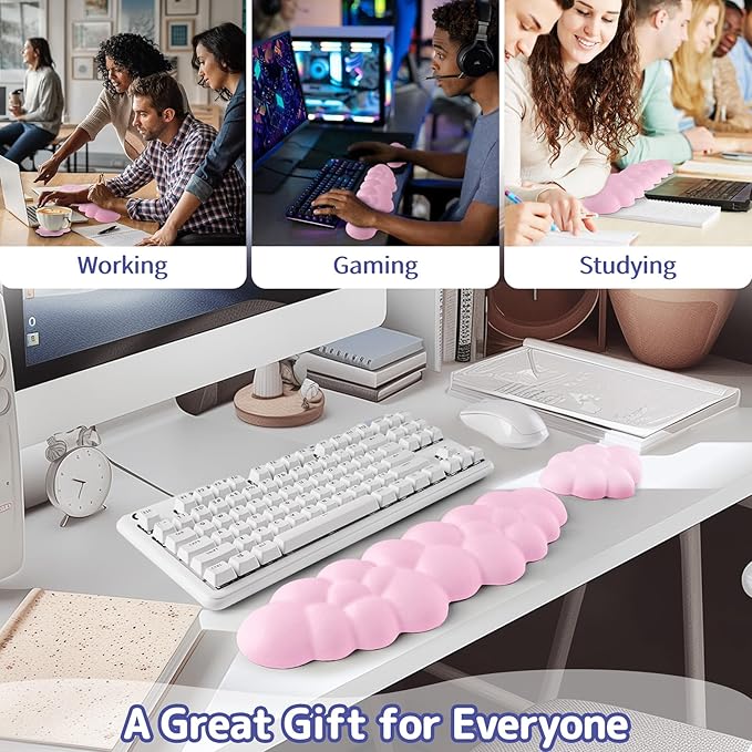 Cloud Wrist Rest Keyboard, Cloud Keyboard Wrist Pad Set with PU Leather Memory Foam, Cute Arm Rest for Palm Support, PC/Gaming Desk Accessories/Office Setup/Computer Hand Cushion - Pink