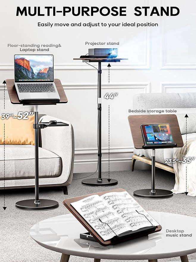 2 in 1 Adjustable Book Stand - Dual-Use Floor and Desktop Book Holder Stand, Height Adjustable 23.5-52 in, Elastic Page Clips for Music Sheet, Recipe, Tablet, Laptop-Black
