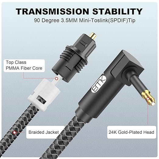 EMK Premium 90° Right-Angle Mini Toslink Cable (6Ft/2M) - 3.5mm Optical Digital Audio Cable for Sound Bars, TVs & Home Theater - SPDIF/Toslink Compatible, Black