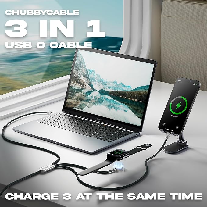 chubbycable Tri-Flex 3 in 1 USB C Cable for Apple Watch Charger Silicone 100W Multi Charging Cable Fast Charge Compatible with iPhone 16/15 Series iWatch iPad Airpods MacBook, 4.1FT, Green