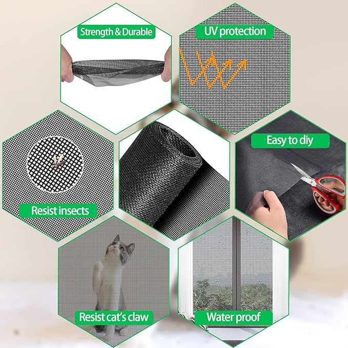 QWR Pet Proof Window Screens and Screen Door Replacement Kit, 59"x106" Durable High Hardness Vinyl Coated Polyester-Like Screen Repair Kit for Sliding Screen Door,Patio and Windows.(Folded Package)