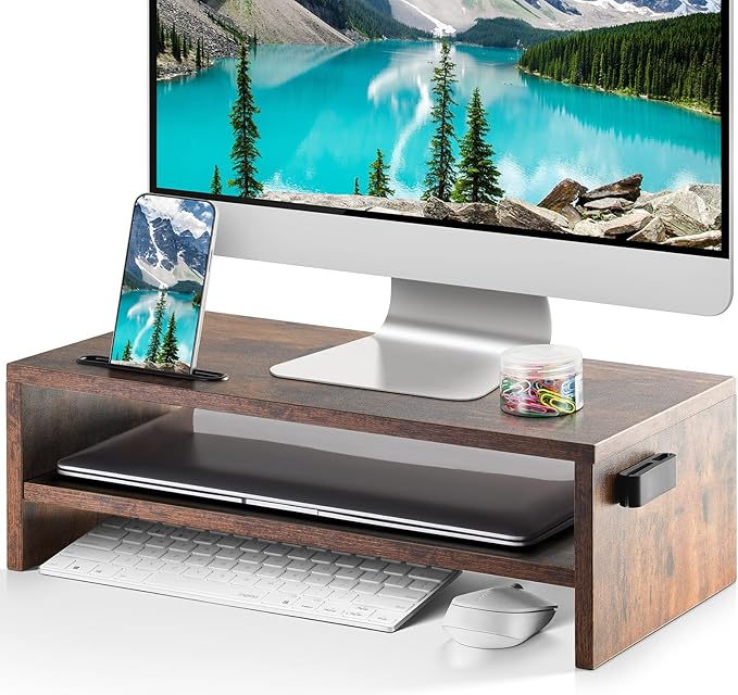 Marbrasse 16.5 Inch Monitor Stand, 2 Tier Computer Monitor Riser with Printer Shelf, Laptop Computer Screen Storage, Desktop Stand - Phone Holder & Cable Management (Vintage)