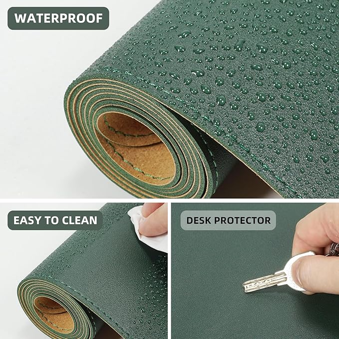 Leather Desk pad Protector, Large Desk mat with Natural Cork & PU Leather,Large Mouse pad, Office Desk Mat,Waterproof Desk Writing Pad for Office and Home (47in*17in, Dark Green)