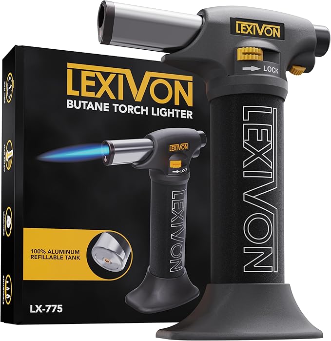 LEXIVON Butane Torch Lighter, Refillable Kitchen Cooking Torch | Self-Igniting with Safety Lock and Adjustable Flame | Pro-Grade Aluminum Tank (LX-775)