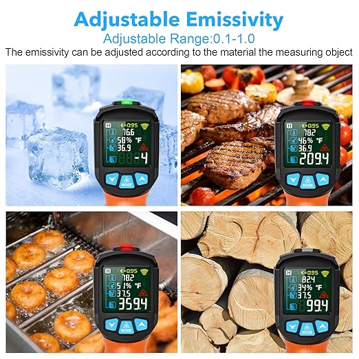Infrared Thermometer Gun, TEMIRUP Digital Laser Temperature Gun, -58°F to 1472°F, Non Contact IR Temp Gun with Color LCD for Industrial, Cooking, Griddle, Engine, HVAC,Adjustable Emissivity & Humidity