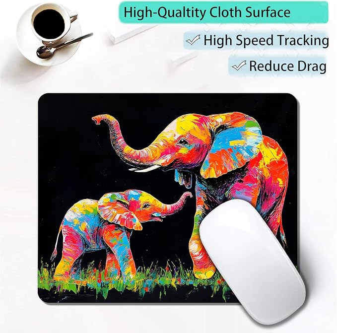 Colorful Animal Elephant Custom Mouse Pad with Non-Slip Rubber, Small Square Design for Wireless Laptop & Computer Mouse Pads for Desk, 9.5 x 7.9 inch Smooth Surface for Gaming & Office