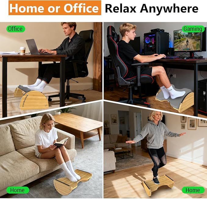 Bamboo Foot Rest for Under Desk at Work - 3-in-1 Reversible Rocking Desk Footrest with Foam Cushion Pad and 6 Adjustable Heights, Ergonomic Foot Rest with Washable Cover for Home, Office and Gaming