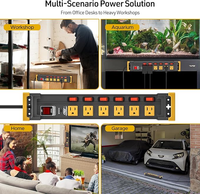 CRST 6 Outlets Wide Spaced Power Strip, Metal Wall Mount Surge Protector Power Strip with Individual Switches and Cord Manager for Garage, Shop, Office, Home. 1020Joules, 15Amp/1875W, 6 FT Cord