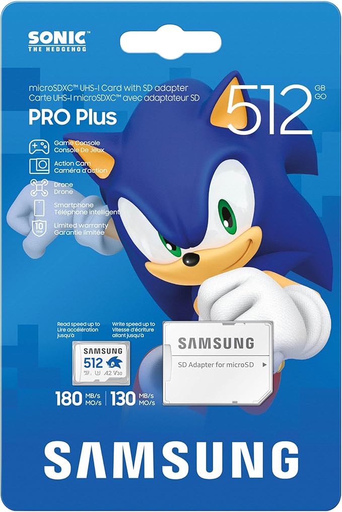 Samsung PRO Plus Sonic The Hedgehog + Adapter, 512GB microSDXC, Up-to 180MB/s, Full HD & 4K UHD, UHS-I, C10, U3, V30, A2, for Nintendo-Switch, Steam Deck, GoPRO, DJI Drone, Tablets (MB-MD512SA/LC1)