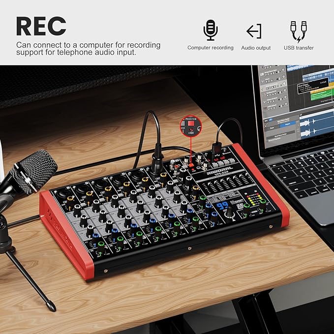 8 Channel Audio Interface Sound Board Mixing Console XLR 1/4 inch Jack USB Bluetooth Echo Delay Effect, Input 48V Phantom Power Stereo DJ Mixers for Podcasting