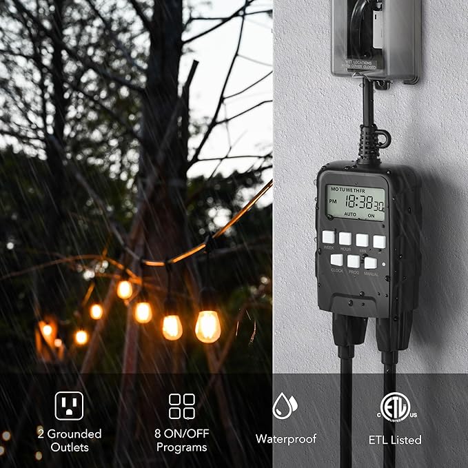 BN-LINK 7 Day Outdoor Heavy Duty Digital Programmable Timer, Outdoor Timer Outlet Waterproof, Grounded Electrical Outlets for Christmas Lights Lamps Ponds, 1875W 1/2HP, ETL Listed-2PACK