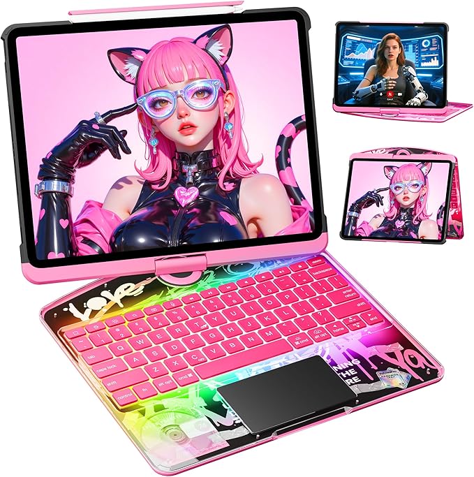 KITONE Transparent Case with Wireless Keyboard for iPad 11th Gen 11-in.(A16, 2025), 2022 iPad 10th Gen 10.9-in, 7 Colors Backlight, Trackpad, 360°Rotating Stand, Tech Style