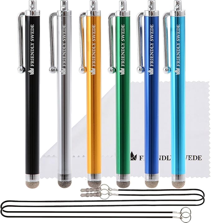 The Friendly Swede Micro-Knit Stylus Pen for Touchscreen — 6-Pack Hybrid Fiber Tip Universal Capacitive Stylus Pen for iPad; Lanyards & Cleaning Cloth - Silver/Aqua Blue/Green/Dark Blue/Yellow/Black